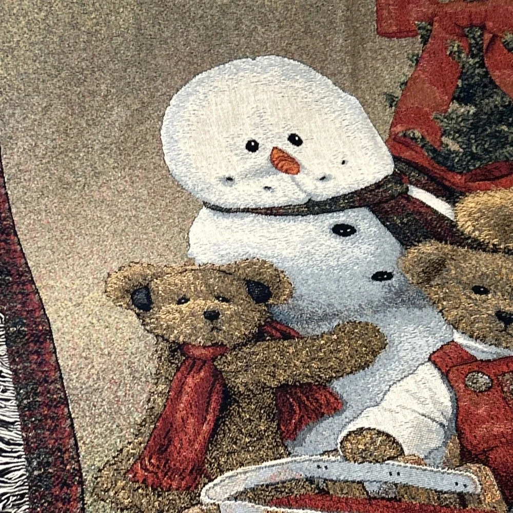 Vintage Christmas Tapestry Throw Blanket Snowman Teddy Bears Sled 52x70